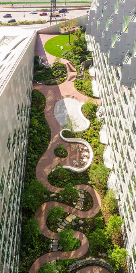 Green Landscape Architecture, Green Plaza Design, Green Roof Ideas, Green Roof Architecture Rooftop Gardens, Sculpture Garden Architecture, Green Urban Design, Jwe2 Park Ideas, Park Ideas Design, Parking Building Design