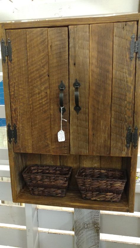 Barnwood wall cabinet Wood Bathroom Wall Cabinet, Bathroom Cabinet Plans, Rustic Wall Cabinet, Bathroom Wall Cupboard, Barnwood Cabinets, Diy Bathroom Cabinet, Cabinet Above Toilet, Laundry Rooms Ideas, Rustic Cabinet Doors