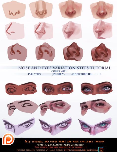 Official Post from Sakimi Chan: As some of you suggested I did a simple update setp by step video tutorial on some nose and eyes variations :)  each of them will be covered from 6-7 steps.  I used the standard round brush for all of them. ►This is a term 45, tier 3+ reward ◄(term 45 sign up time is from January1-21)(will be send o Drawing Tutorial Face, Round Brush, Anatomy Drawing, Digital Painting Tutorials, Anatomy Art, Drawing Tutorials, Character Design References, Digital Art Tutorial, Drawing Tips