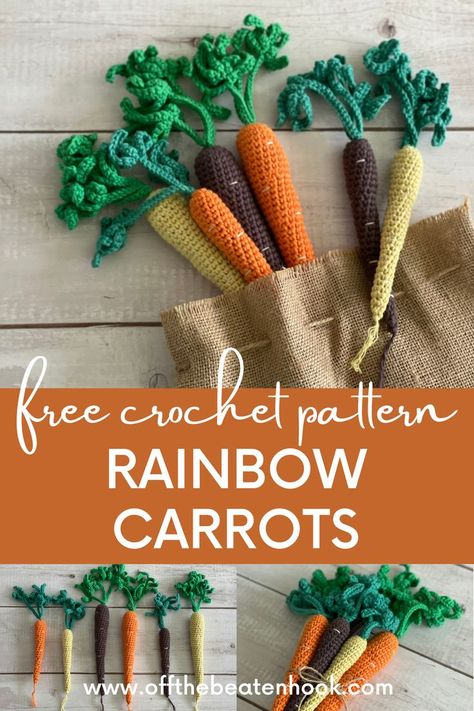 Veggie Crochet Pattern, How To Crochet A Carrot, Easy Crochet Vegetables, Crochet Asparagus Pattern, Free Crochet Vegetable Pattern, Amigurumi Fruits And Vegetables, Crocheted Carrot Free Pattern, Carrot Amigurumi Free Pattern, Free Crochet Fruit And Vegetable Patterns