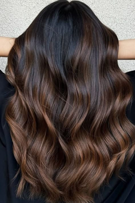 Caramel Cinnamon Balayage Caramel Brown Ombre Hair, Balayage Ombre For Dark Brown Hair, Caramel Ombre On Black Hair, Low Maintenance Caramel Highlights, Dark Hair Bayalage Long, Balayage Hair Dark Brunette, Cool Brown Tones Hair, Straight Hair With Caramel Highlights, Rich Brown Hair Balayage