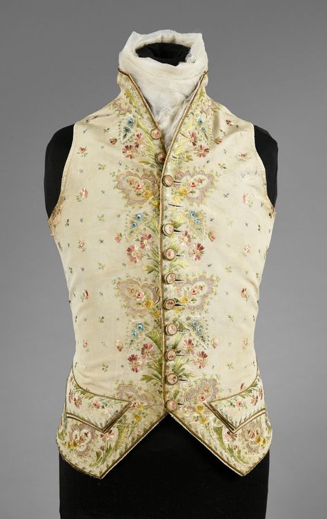 Waistcoat, France, late 18th century. Gros de Tour cream silk, lavishely embroidered with small floral sprays and floral motifs. Embroidered Waistcoat For Men, Historical Waistcoat, 18th Century Waistcoat, 18th Century Mens Fashion, Embroidered Waistcoat, Rococo Fashion, 18th Century Costume, 18th Century Clothing, 1800s Fashion