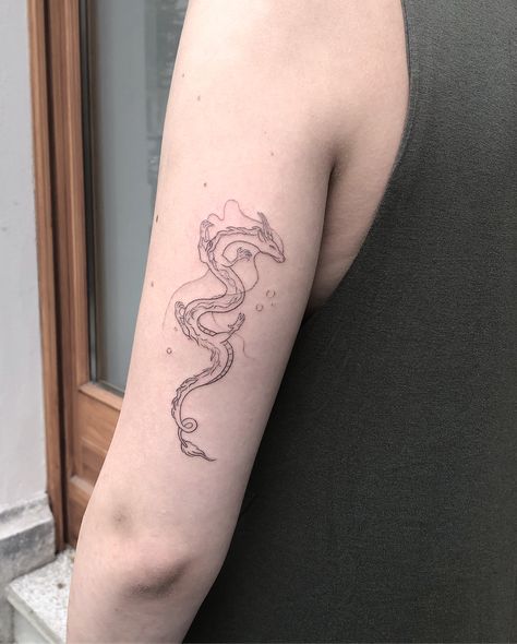 Haku for Clara. Thank you so much 💕 #spiritedaway #hakutattoo Tatuaje Studio Ghibli, Targaryen Tattoo, Dragons Tattoo, Small Dragon Tattoos, Chinese Dragon Tattoos, Ghibli Tattoo, Dragon Tattoo For Women, Tattoo Trend, Inspiration Tattoos