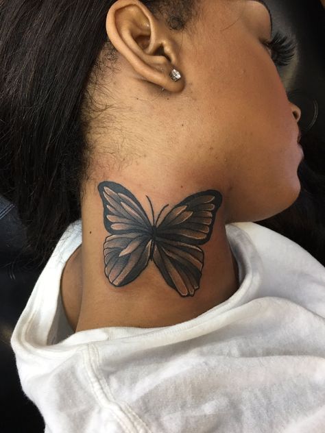 for more pins like this follow me: alisenial 💚 Butterfly Tattoo On Dark Skin, Butterfly Neck Tattoo, Dark Skin Tattoo, Best Neck Tattoos, Girl Neck Tattoos, Side Neck Tattoo, Model Tattoo, Back Of Neck Tattoo, Neck Tattoos Women