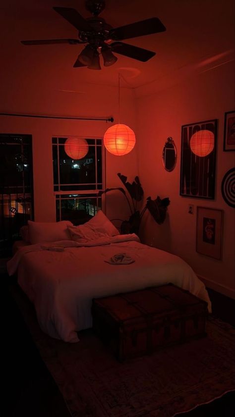 Minimalistic Apartment Design, Cute Apartment Rooms Bedrooms, Dark Aesthetic Decor Living Room, Relaxing Apartment Decor, Light Fixtures For Bedroom Ceiling, Bedroom Aesthetic Eclectic, Dark Moody Eclectic Bedroom, Mid Century Dorm Room, Nicole Rafiee Room