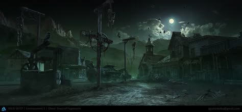 ArtStation - The Ghost Town of Fogmourn ( Wild West Challenge ), IGOR KIRDEIKA Writing Inspiration Pictures, Haunted Town, Town Drawing, Post Apocalyptic City, City Tree, Black Cauldron, Ghost City, Fantasy Town, A Knight's Tale