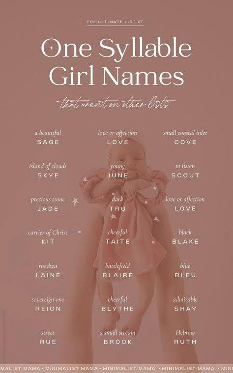 Searching for pretty baby girl names with meanings? These 1 syllable girl names make really cute middle names for girls - they're totally unique and super cute and all short, one syllable baby names that are perfect for 2025! 1 Syllable Girl Names, Pretty Middle Names, Middle Names For Girls List, Short Girl Names, Long Girl Names, One Syllable Girl Names, Baby Girls Names, Cute Middle Names