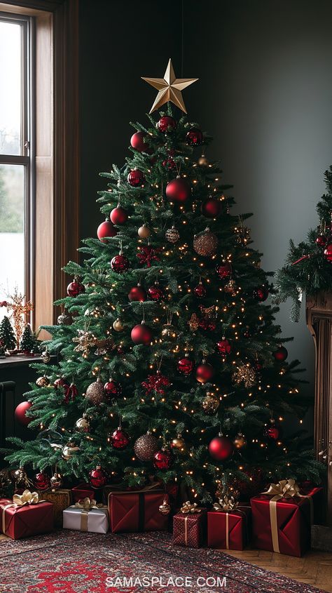 Explore 21+ stunning Christmas tree ideas for 2024 to make your holiday season magical! From classic red and gold themes to trendy modern designs, these ideas will inspire your festive decor. Try rustic farmhouse styles with burlap ribbons and natural ornaments or go bold with metallic hues like silver and rose gold. Add unique touches with DIY decorations, personalized ornaments, or frosted branches for a winter wonderland look. #ChristmasTreeIdeas #HolidayDecor2024 #FestiveTreeDecor #Christmas Berries On Christmas Tree, Maroon And Red Christmas Tree, Red Christmas Garland Ideas, Neutral Christmas Tree Pops Of Red, Traditional Christmas Tree With Ribbon, Red Tree Ornaments, Christmas Tree Decor Traditional, Cozy Christmas Tree Aesthetic, Red Velvet Christmas Tree Decorations