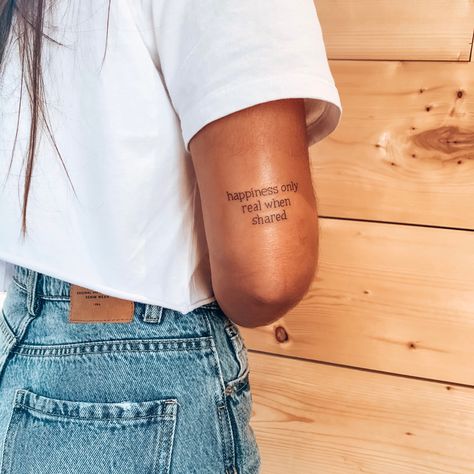 #tattoo #intothewild #happiness #happinessquotes #happinessonlyrealwhenshared #tatuagem #minimalism Pursuit Of Happiness Tattoo, Above Elbow Tattoo, Illusion Tattoo, Happiness Tattoo, Tattoo Over Scar, Elbow Tattoo, Happiness Meaning, Elbow Tattoos, Pursuit Of Happiness