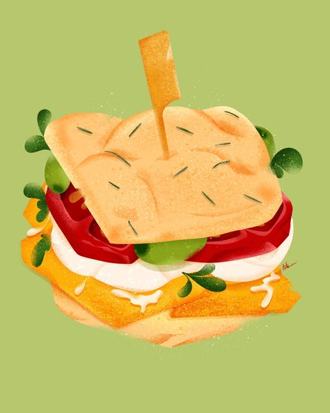 food illustration digital art food illustrator focaccia Italian sandwich tomato aesthetic Focaccia Illustration, Panini Illustration, Tomato Basil Sandwich, Tomato Aesthetic, Sandwich Illustration, Art School Inspiration, Sandwich Drawing, Sandwich Art, Sandwich Inspiration