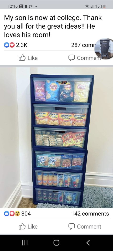 Snacks For College Dorms, Snack Bin Ideas For Room, College Snack Storage, Snack Storage Ideas Dorm Room, Diy Living Room Organization, Kid Room Organization Ideas, Healthy College Snacks Dorm Food Mini Fridge, Snack Closet Ideas, Work Snack Drawer Ideas