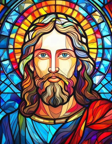 Illustration about Generated image of a stained glass window illustration depicting our lord Jesus Christ in a colorful composition. Illustration of glass, window, jesus - 333660417 Composition Illustration, Jesus Christ Illustration, Stain Glass Window Art, Window Illustration, Wpap Art, Jesus Christ Painting, Jesus Artwork, Art Nouveau Illustration, Glass Window Art