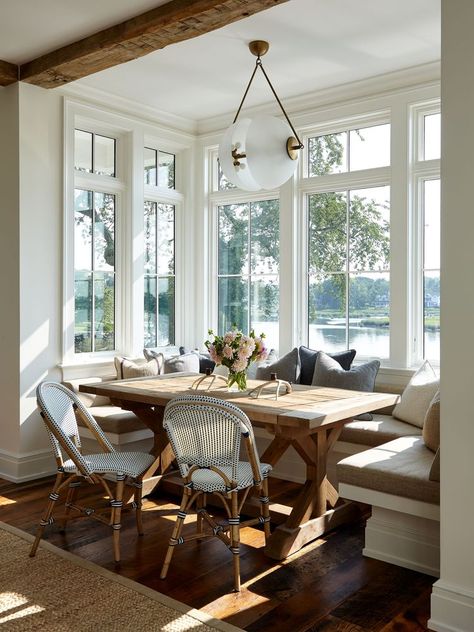 35 Pretty Banquette Seating Ideas From Designers Breakfast Nook With Bench And Rectangular Table, Banquette Seating Nook, Banquet Seating In Front Of A Window, Built In Bench For Kitchen Table, Dining Table Couch Seating, Kitchen Dining Room Combo Layout Ideas, Bench Seating Breakfast Nook, Rectangle Breakfast Nook, Booth Style Dining Table