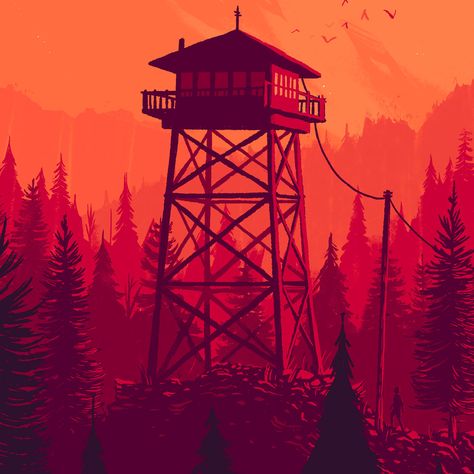 Firewatch poster illustration, by Olly Moss Firewatch Game Tattoo, Firewatch Fanart, Firewatch Aesthetic, Firewatch Tower Aesthetic, Forest Watch Tower, Minecraft Fire Watch Tower, Watchtower Concept Art, Fire Watchtower, Fire Watch Tower