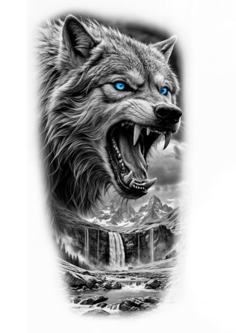 Realistic Wolf Tattoo Design, Realistic Wolf Tattoo, Wolf Face Tattoo, Wolf And Moon Tattoo, Wolf Sleeve, Viking Tattoo Symbol, Wolf Tattoos Men, Angry Wolf, Wolf Tattoo Sleeve