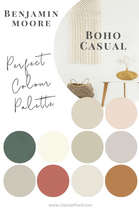 Benjamin Moore, Boho Casual Design Style, BOHO, Bohemian, Colour Palette, Paint Colours, Paint Colors Boho Living Room Painted Walls, Paint Color Schemes Boho, Boho Paint Pallets For Home, Boho Colors Living Room, Boho Natural Color Palette, Boho Modern Color Palette, Boho Living Room Colors, Boho Chic Paint Colors, House Palette Interiors