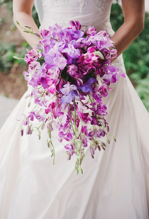 Purple Orchid Wedding Bouquet, Purple Orchid Bouquet, Encanto Wedding, Orchid Bridal Bouquets, Orchid Bouquet Wedding, Floral Wedding Inspiration, Unique Wedding Bouquet, Cascading Bouquet, Bridal Bouquet Blue