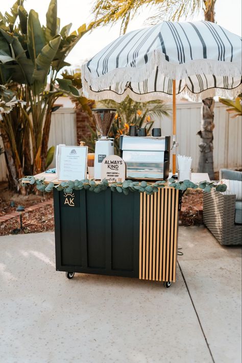 Modern coffee cart that caters events Coffee Cart For Events, Mobile Bar Inspiration, Coffee Mobile Cart, Coffee Bar Ideas For Wedding, Coffee Cart Wedding, Event Coffee Bar, Coffee Bar Event, Coffee Stand Ideas, Coffee Cart Design