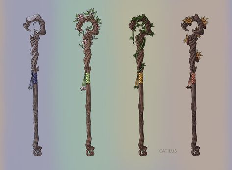 A magic staff that changes its appearance to reflect the season of the world!  Emmanteinsien is the God of treants, and this staff was once one of his ageless branches.  #Catilus #Catilusart #Patreon #Commission #wow #dnd #criticalrole #dnd5e #art #fantasy #ttrpg #roleplaying #item #roleplay #staff #magic #druid Mushroom Staff Art, Dnd Quarterstaff Druid, Druid Staff Art, Dnd Staff Magic, Dnd Druid Staff, Anime Magic Staff, Staff Ideas Magic, Dnd Staff Item, Magical Staff Design