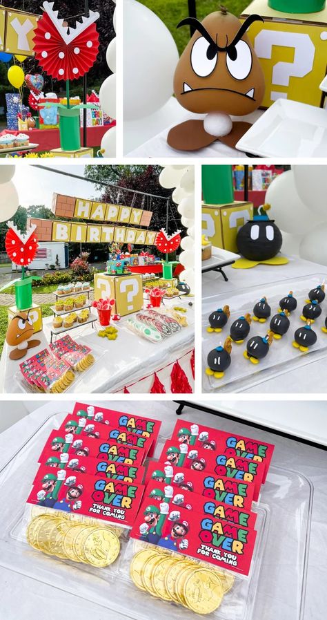 Mario Theme Table Decor, Super Mario Theme Games, Mario Birthday Cake Pops, Super Mario Birthday Food Ideas, Mario Treat Bags, Super Mario Macarons, Super Mario Props, Super Mario Candy Table, Mario Themed Birthday Cake