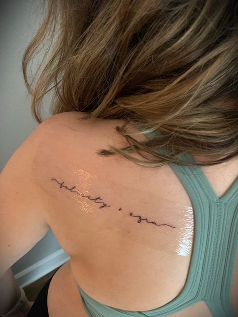 In Two Name Tattoos, Fine Line Back Shoulder Tattoo, Fine Line Kids Name Tattoo, Childrens Names Tattoo Ideas, Kids Initials Tattoo, Fine Line Tattoo Kids Names, Script Name Tattoo, Cursive Name Tattoo, Fine Line Children Tattoo