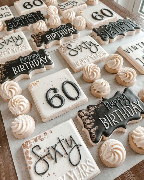 60th Birthday custom decorated cookies in assorted sizes.  Vintage themed. Birthday Party Decorations 60th, 60thbirthday Party Ideas, 60 Surprise Birthday Party Ideas, Dessert Table For 60th Birthday, 60 Cookies Decorated, 60 Th Birthday Cakes For Women, 60th Bday Decor, Vintage 60th Birthday Party For Men, Intimate 60th Birthday Party Ideas