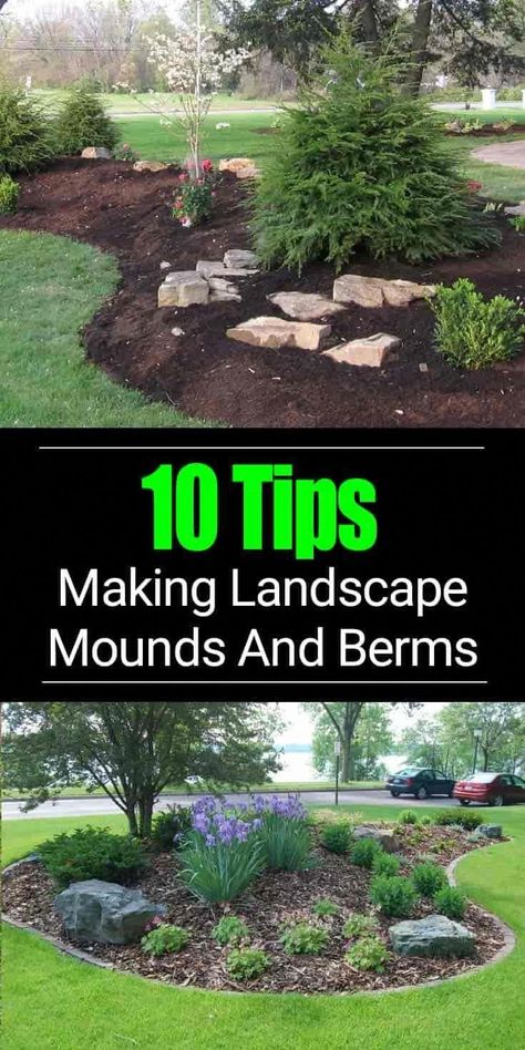 Building a berm or adding landscape mounds to your design can improve the look of your overall garden and become a focal point. [BERM LANDSCAPING TIPS] Mounds And Berms, Landscape Mounds, Mulch Landscaping, Landscaping With Large Rocks, Rock Garden Landscaping, Diy Gardening, Front House Landscaping, Front Porch Ideas, Home Landscaping