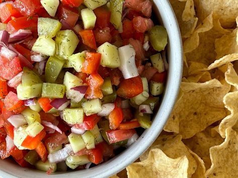 If you love pickles and you LOVE salsa...you will go CrAzY over this recipe. It's simple and easy to make and it's absolutely dELiciOuS! Pickle Salsa, Air Fryer Recipes Appetizers, Dill Pickle Recipe, Keto Appetizers, Griddle Cooking, Dump Meals, Eat Veggies, Onion Relish, Favorite Cookbooks