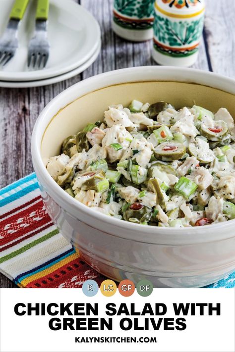 Pinterest image showing Chicken Salad with Green Olives in round glass bowl on a multi-colored striped napkin. Olive Chicken Salad, Chicken Salad With Green Olives, Chicken Salad With Olives, Recipes Using Green Olives, Recipes With Green Olives, Green Olives Recipes, Green Olive Recipes, Foods To Lower Triglycerides, Cold Chicken Pasta Salad