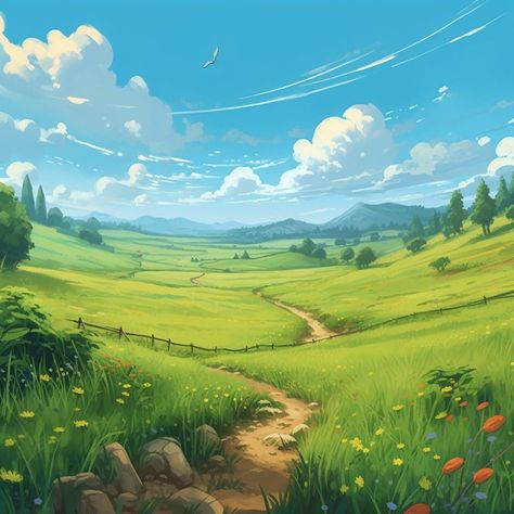 Plains Landscape Art, Grassy Field Drawing, Grassy Plains Concept Art, Farm Landscape Illustration, Fantasy Field Landscape, Fantasy Farmland Landscape, Grass Field Illustration, Farm Fields Landscapes, Anime Grass Field