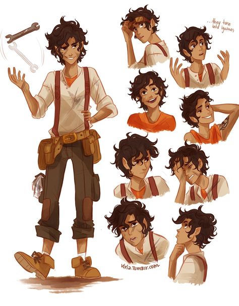 Leo Valdez, it's quite funny, in a lot of fanart Leo wears this super cool outfit Aphrodite has given to him. He only wore it once(Well, i thought it was once, because he didn't really loved his clothes), but still it's just his outfit Zio Rick, Team Leo, Character Design Cartoon, Different Poses, Percy Jackson Fan Art, Percy Jackson Characters, Leo Valdez, Percy Jackson Art, Viria