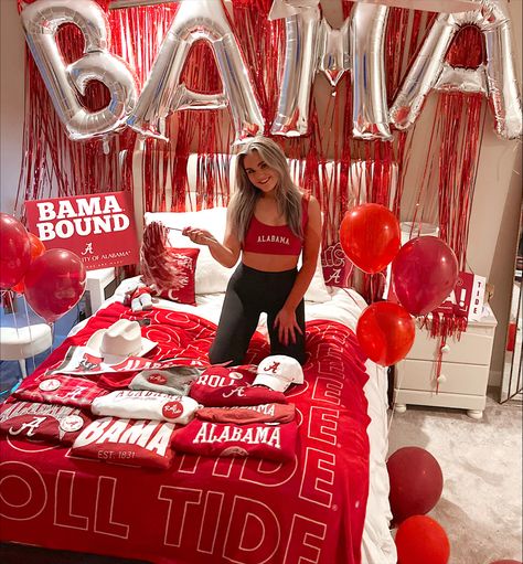 Bed College Party, College Bed Announcement, Unc Bed Party, Bama Bed Party, Alabama Bed Party, Bed Decorating College Acceptance, Bed Party Ideas College, College Commitment Pictures Bed, College Bed Decorating Party