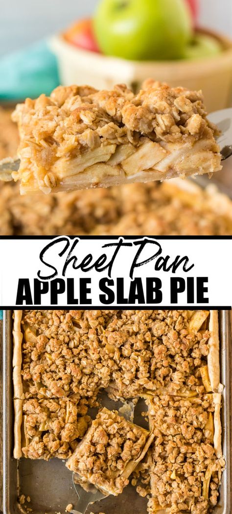 Apple season is in full swing, and what better way to celebrate than with a delicious apple slab pie? Gooey cinnamon and brown sugar apples baked on top of a buttery pie crust and finished off with a delightful oat crumble - make this easy sheet pan apple pie a fall staple! | www.persnicketyplates.com Sheet Pan Apple Crumble, Slap Apple Pie, Easy Sheet Pan Apple Pie, Apple Pie Sheet Pan, Apple Crumb Slab Pie, Apple Slab Pie With Crumb Topping, Canned Apple Desserts, Apple Sheet Pie, Sheet Pan Apple Pie