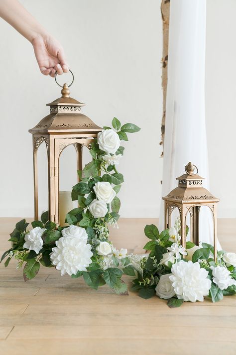 Romantic Centerpieces, Gubahan Bunga, Wedding Flower Packages, Handmade Bouquets, Lantern Centerpieces, White Lanterns, Sage Wedding, Winter Wedding Decorations, Greenery Garland