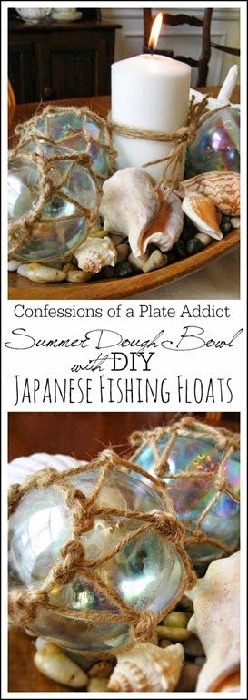 CONFESSIONS OF A PLATE ADDICT Summer  Dough Bowl with  DIY Japanese Fishing Floats Nautical Diy Crafts, Dough Design, Bowl Arrangements, Dough Bowl Decor, Beachy Crafts, Florida Fall, Dough Bowl Centerpiece, Bowl Decor, Bowl Ideas