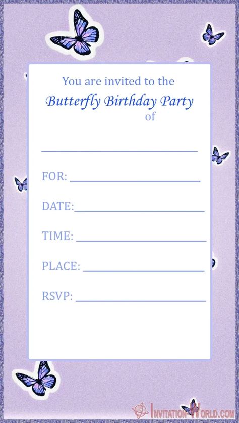 Free Printable Butterfly Invitation Templates - Invitation-World.com Bday Invitation Card, Butterfly Birthday Party Invitations, Online Birthday Invitations, Make Birthday Invitations, Happy Birthday Invitation Card, Birthday Card Template Free, Butterfly Invitation, Sleepover Invitations, How To Make Invitations