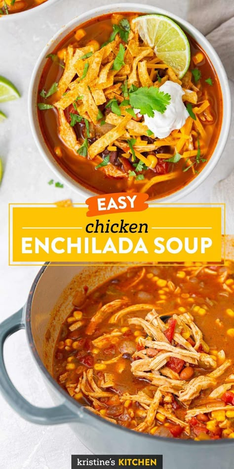 Hearty and flavorful Chicken Enchilada Soup! This easy soup recipe has shredded chicken breast, beans, corn and enchilada sauce. Load up a bowl with your favorite toppings and enjoy for lunch or dinner. Slow cooker and Instant Pot instructions included. Chicken Enchilada Soup Crockpot Recipes, Chicken Quesadillas Soup, Chicken Enchiladas Soup Easy, Enchilada Chicken Chili, Shredded Chicken Recipes Crockpot Soup, Ww Chicken Enchilada Soup, Chicken Enchilada Soup No Beans, Red Chicken Enchilada Soup, 7 Can Enchilada Soup