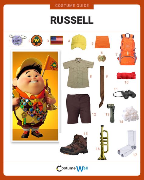 Disfraz Up, Pixar Halloween Costumes, Russell Up Costume, Spooky Sewing, Pixar Costume, Russel Up, Explorer Costume, Characters Cosplay, Carl Fredricksen