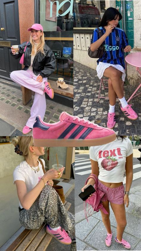 pink navy adidas shoes, adidas gazelle, pink adidas, adidas sneaker, collage, adidas shoes outfit, pink shoes outfit, aesthetic, outfit inspo Pink And Navy Gazelle Outfit, Addidas Gazelle Shoes Outfit Ideas Women, Outfits With Pink Gazelle, Gazelle Platform Outfit, Pink Spezials Outfit, Colorful Adidas Outfit, Trending Adidas Shoes, Pink And Green Adidas Gazelle Outfit, Pink Gazelles Outfit