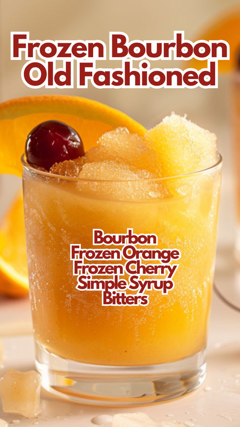 Frozen Bourbon Old Fashioned Frozen Bourbon Drinks, Frozen Old Fashioned, Best Bar Drinks, Summer Old Fashioned Cocktail, Frozen Bourbon Slush, Old Fashioned Recipes Cocktail, Frozen Old Fashioned Cocktail, Bourbon Cocktail, Frozen Bourbon Old Fashioned