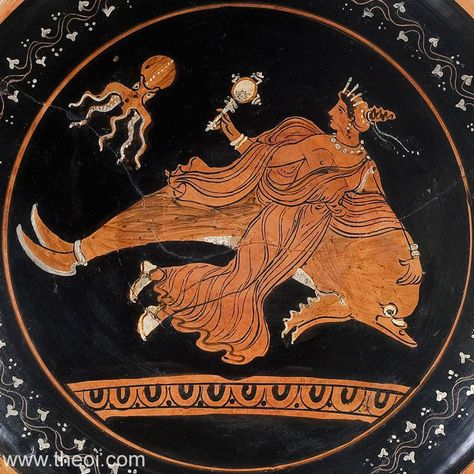 Nereid riding dolphin | Apulian red-figure plate C4th B.C. | State Hermitage Museum, Saint Petersburg State Hermitage Museum, Greek Vase, Ancient Greek Pottery, Classical Greece, Ancient Greek Art, Roman Gods, Greek Pottery, Greek Vases, Les Nereides