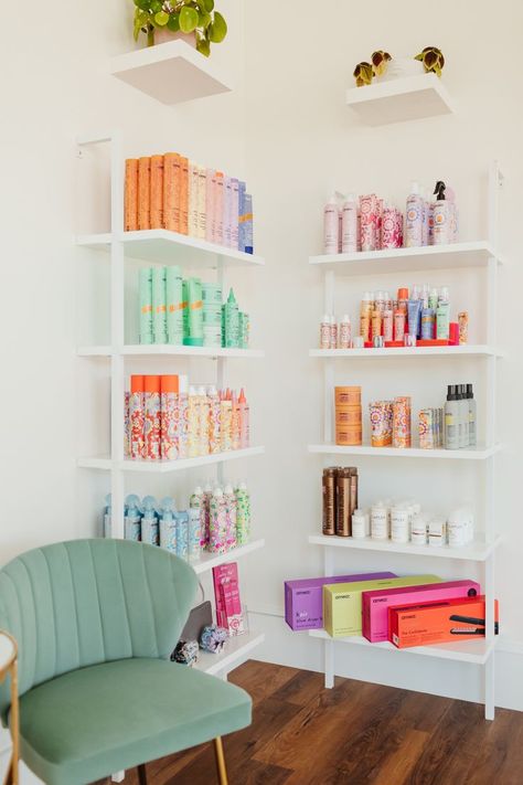 Pastel Salon Interior, Salon Interior Color Ideas, Best Hair Salon Design, Fun Hair Salon Decor, Salon Product Wall Display Ideas, Hair Salon Products Display, Salon Studio Interior Design, Quirky Salon Interior Design, Pop Up Hair Salon