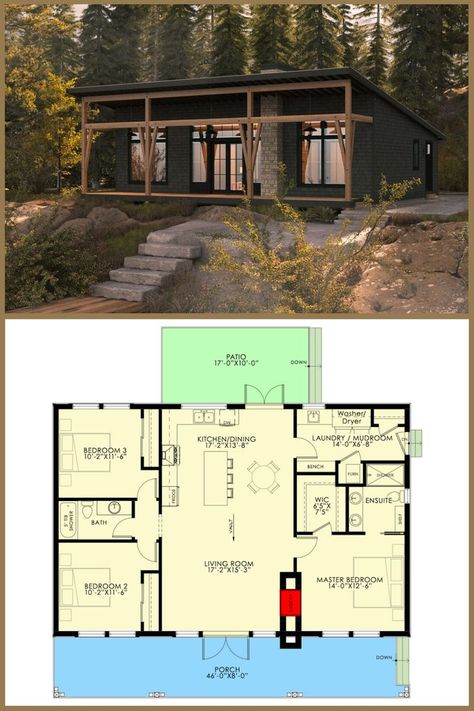 Modern Rustic Cottage, 3 Bedroom Floor Plan, Cottage Floor Plans, Cabin Floor Plans, Small House Floor Plans, Rustic Cottage, Small Cabin, House Blueprints, Modern Cabin