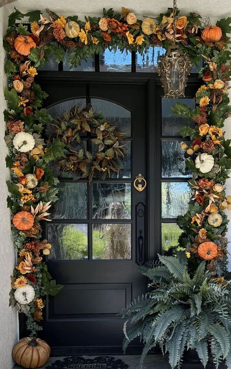 Front Door Autumn Decorations, Leaf Arch Front Porch, Home Made Fall Garland, Autum Decorations Front Door, Thanksgiving Decorations Front Door, Christmas Over Door Garland, Fall Doorway Decor Front Porch, Fall Leaves Garland Front Porch, Fall Door Garland Decorations