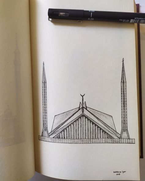 My drawing illustration, Faisal Mosque, Islamabad, Pakistan, Asia, Dublenco. Faisal Masjid Drawing, Faisal Mosque Drawing, Mosques Drawing, Pakistan Drawing, Mosque Drawing, Faisal Mosque, Pakistan Art, Sketch Images, Drawing Scenery