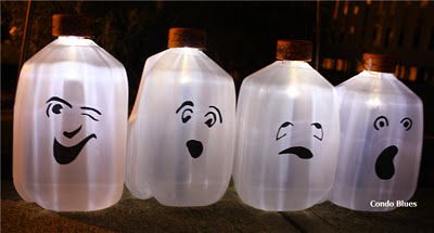 How To Make Solar Milk Jug Ghosts Milk Jug Ghosts, White Christmas Tree Lights, Milk Jug Crafts, Solar Light Crafts, Plastic Milk, Battery Operated Tea Lights, Halloween Idea, Traditional Candles, Pumpkin Carving Templates