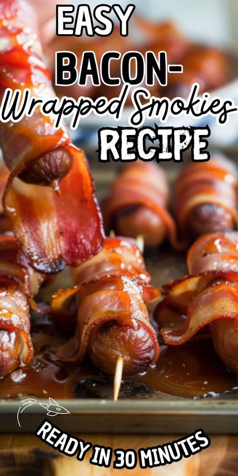 Easy Bacon-Wrapped Smokies—a mouthwatering appetizer that's guaranteed to disappear in seconds. Picture juicy cocktail sausages enveloped in crispy bacon, glazed with a sweet and tangy sauce that caramelizes to perfection in the oven. Whether you're hosting a party, game night, or family gathering, these bite-sized Bacon Wrapped Lil Smokies, Wrapped Smokies, Smokies Recipe, Bacon Wrapped Smokies, Little Smokies, Sausage Wrap, Cocktail Sausages, Wrapped In Bacon, Easy Bacon