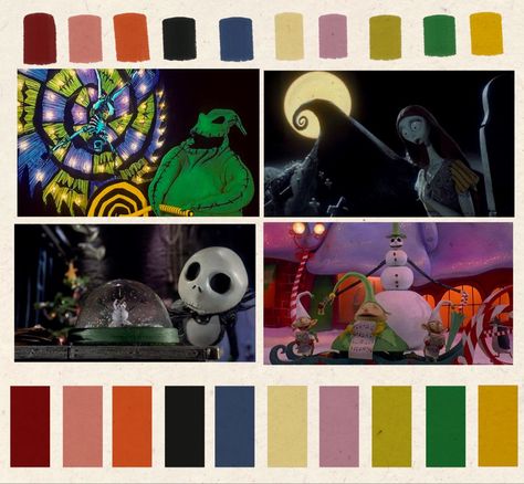 Contrasting seasonal color palette from Tim Burton’s film The Nightmare Before Christmas nightmarebeforechristmas jackandsally cinematography colorpalettes timburton Nightmare Before Christmas Pallet, Tim Burton Color Scheme, Tim Burton Colour Palette, Tim Burton Moodboard, Tim Burton Color Palette, Movie Color Palette Colour Schemes, Nightmare Before Christmas Color Palette, Beetlejuice Color Palette, Kinetic Animation