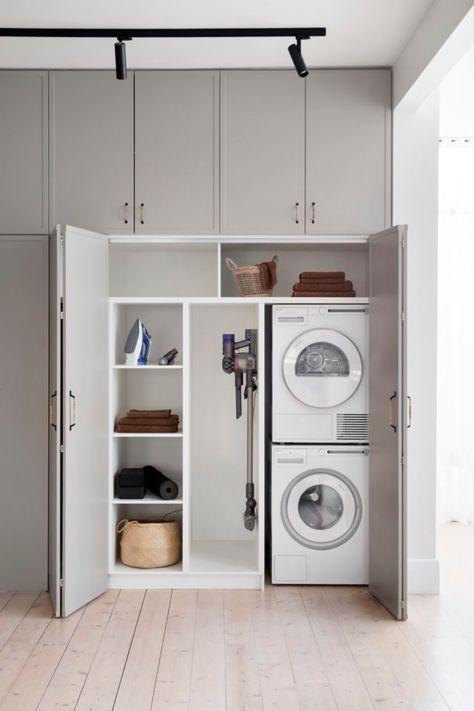 How to avoid making costly mistakes when you take on your own reno - The Interiors Addict Laundry Bathroom Combo, European Laundry, Laundry Cupboard, Laundry Nook, Hidden Laundry, Utility Cupboard, Laundry Room Closet, Laundry Room Layouts, Laundry Room Renovation