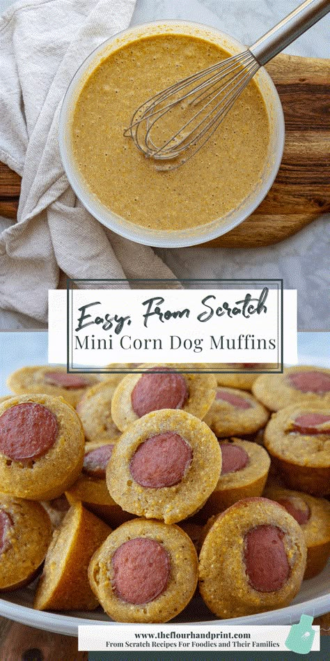 Mini corn dog muffins are the perfect kids food or a fun and poppable appetizer for parties. This homemade mini corn dog muffin recipe uses a sweetened whole wheat cornmeal batter that bakes up fluffy around each hot dog slice. Then you can serve them fresh or freeze them for easy reheating later. My simple instructions and easy to follow recipe make this easy for any home cook to make. Check out the full recipe and all my tips on making perfect baked mini corn dogs on the blog today! Baked Mini Corn Dogs, Baked Corn Dogs, Mini Corn Dog Muffins, Hot Dog Appetizers, Healthy Hot Dog, Dog Muffins, Homemade Corndogs, Healthy Corn, Cornmeal Muffins